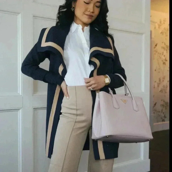 Ann Taylor Striped Trim Cascade Cardigan Navy Blue Camel Size XS Petite - Picture 5 of 5